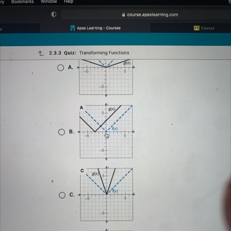 The function g(x) = 3]xis a transformation of the absolute value parentfunction. Which-example-1