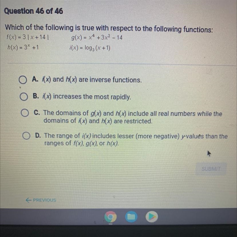 Which of the following is true with respect to the following functions:f(x) = 3] x-example-1