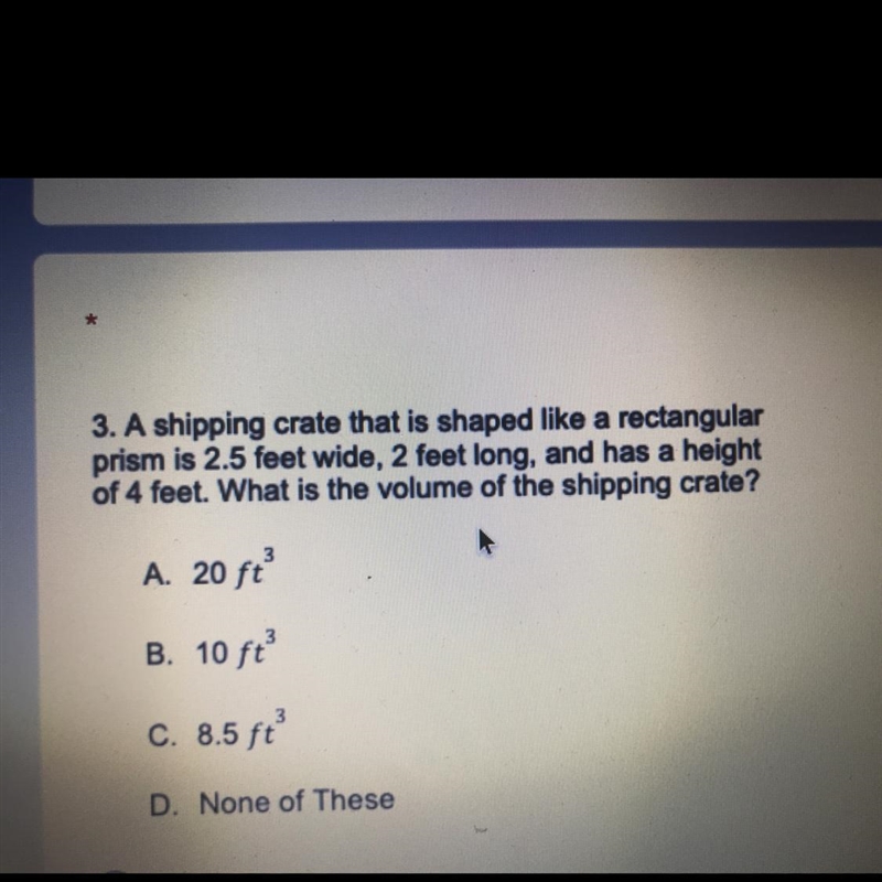 3. A shipping crate that is shaped like a rectangular prism is 2.5 feet wide, 2 feet-example-1