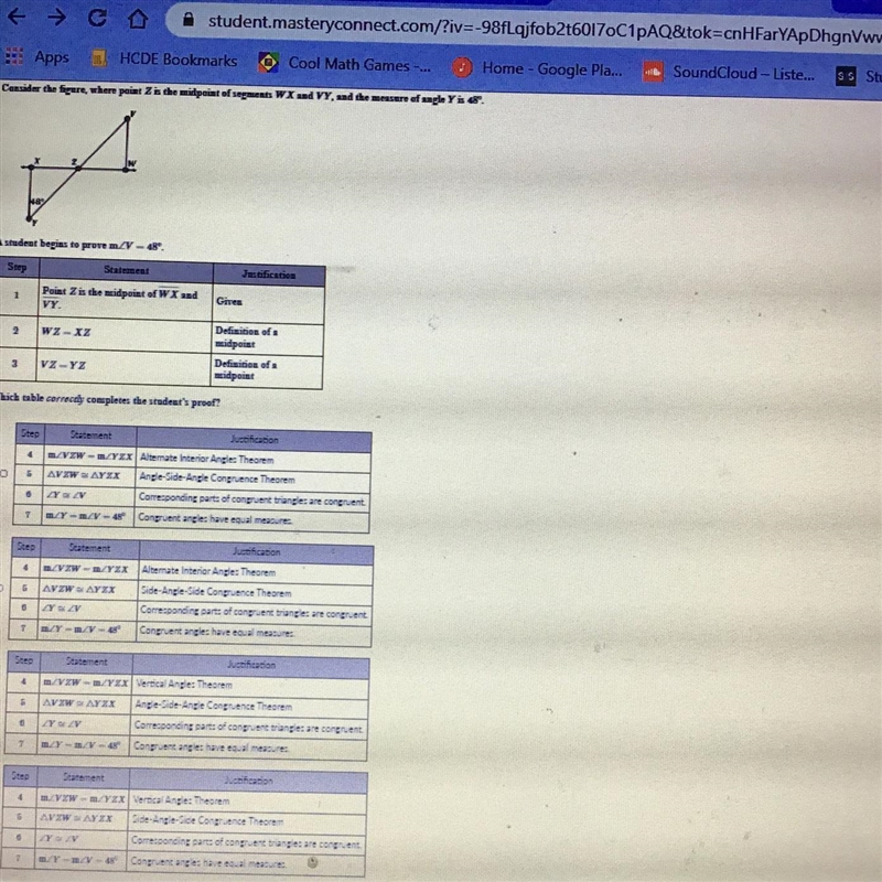 Consider the figure, where point Z is the midpoint of segments WX and VY, and the-example-1