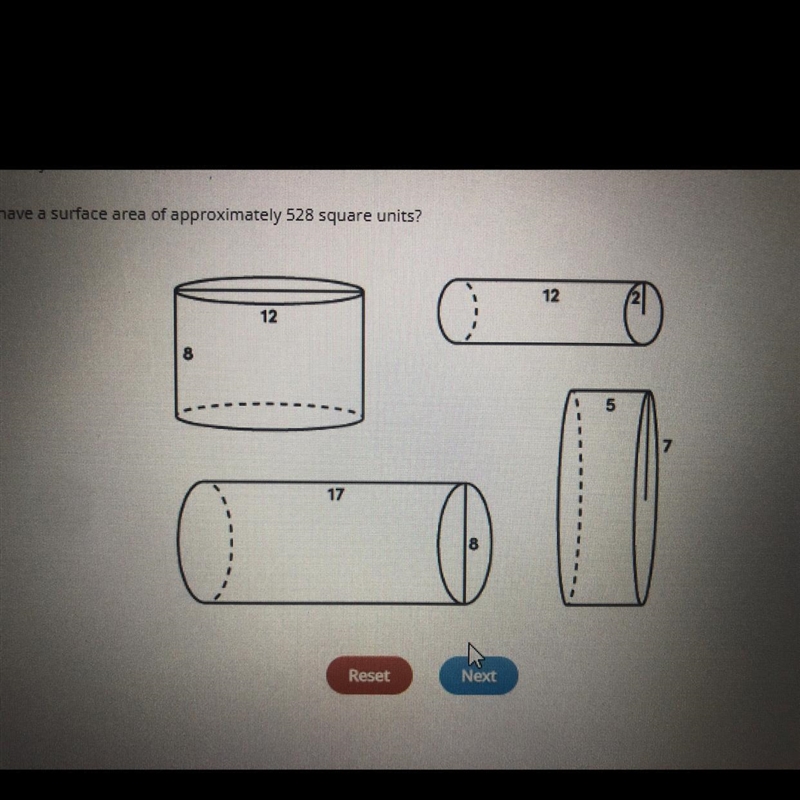 Which cylinders have a surface area of approximately 528 square units?-example-1