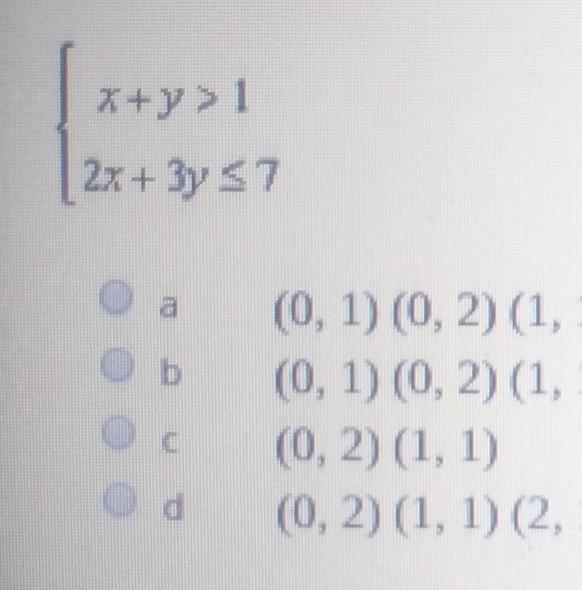 Assume that x and y are whole numbers. Use a table to solve the system of inequalities-example-1