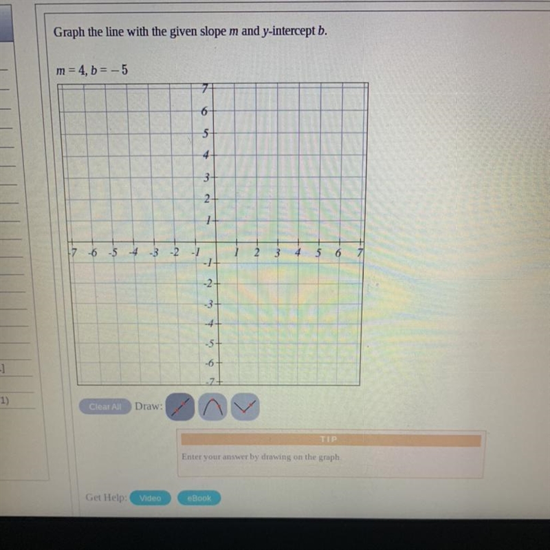 Graph the line with the given slope m and y-intercept b. m = 4, b = -5-example-1