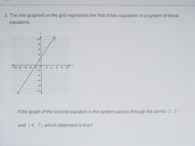 2. The line graphed on the grid represents the first of two equations in a system-example-1