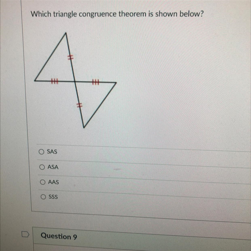 Question 8 Which triangle congruence theorem is shown below 4 +11 411 OSAS ASA AAS-example-1