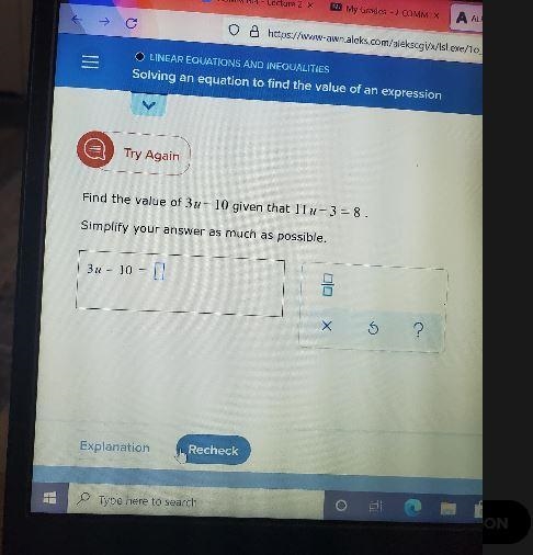 Find the value of 3u - 10 given that 11u - 3=8. Simply your answer as much as possible-example-1