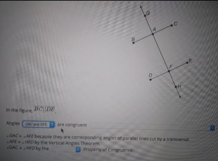 In the figure, BC||DE Angles_____1.CAF and EFA2.GAC and DFE3.CAF and EFH4.GAB and-example-1