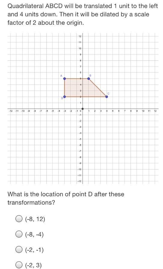 Quadrilateral ABCD will be translated 1 unit to the left and 4 units down. Then it-example-1