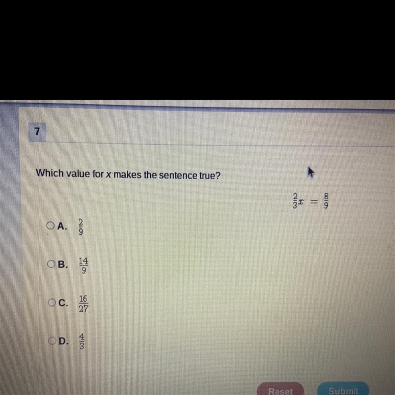 Which value for x makes the sentence true? 2/3x=8/9-example-1