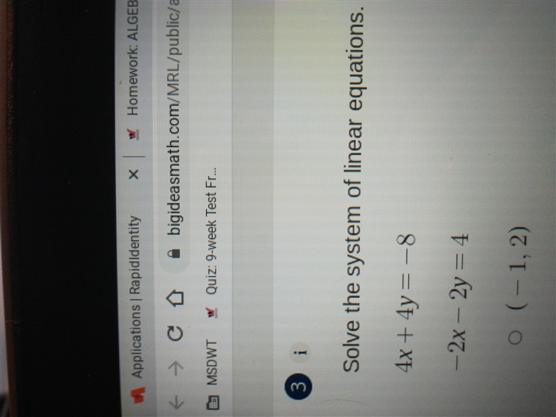 Solve the system of linear equations. 4x + 4y = -8 ht –2x - 2y = 4-example-1