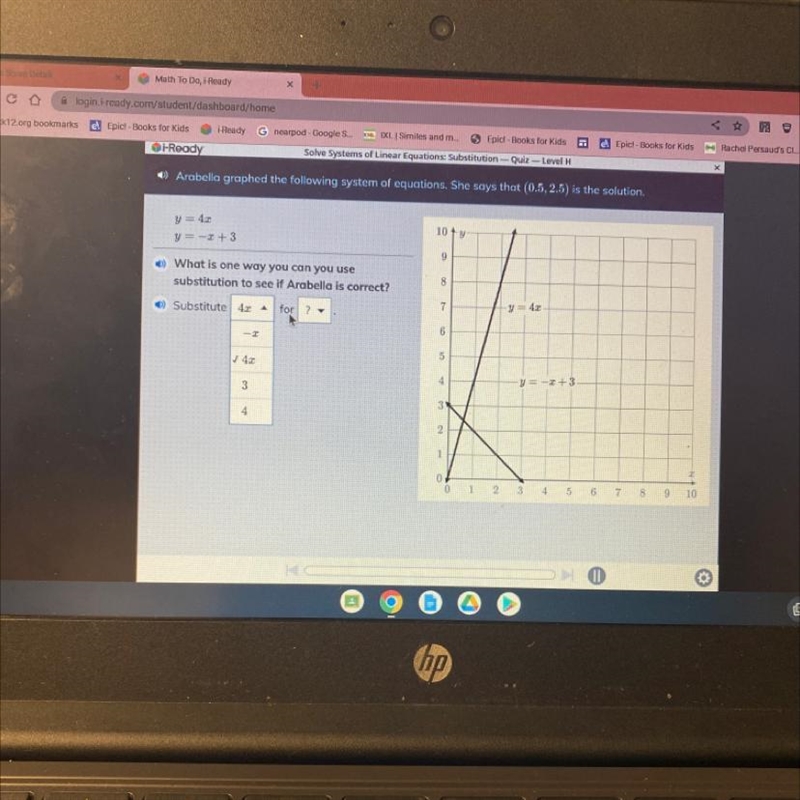 Arabella graphed the following system of equations. She says that (0.5, 2.5) is the-example-1