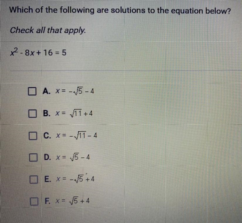 ￼ Which of the following are solutions to the equation below? Check all that apply-example-1