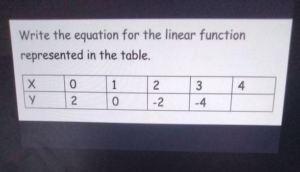 Write the equation for the linear function represented in the table. 0 Х у 3 1 0 4 2 -2. 2.-example-1