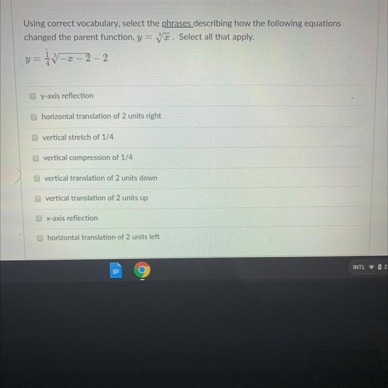 Using correct vocabulary, select the phrases describing how the following equationschanged-example-1