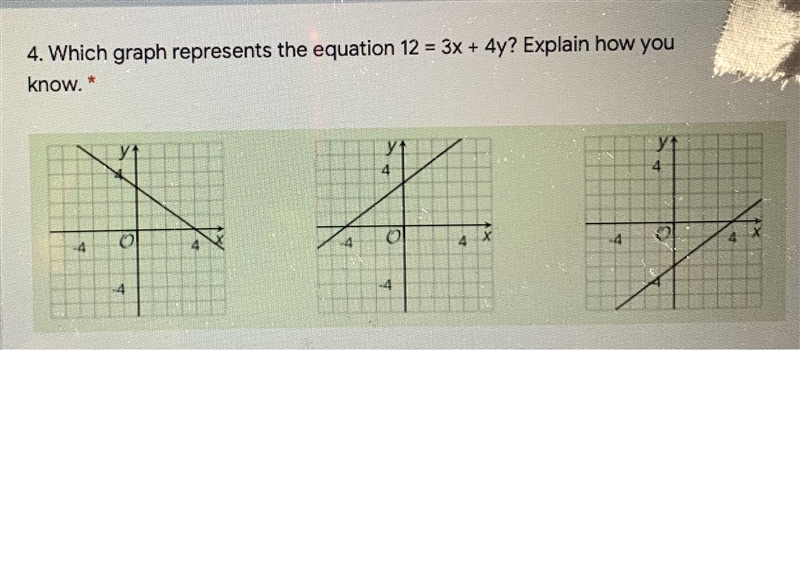 4. Which graph represents the equation 12 = 3x + 4y? Explain how youknow. *УТ4S4ONO-example-1