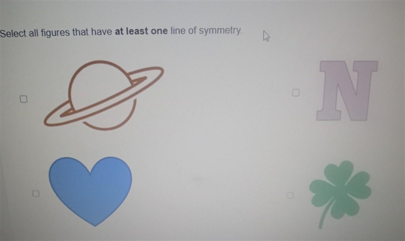 Select all figures that have at least one line of symmetry.​-example-1