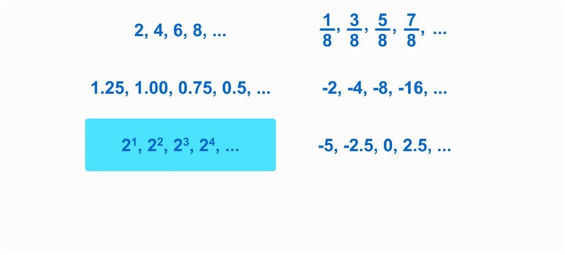 Which of these sequences are in increasing order? (Choose 4) A: 2, 4, 6, 8... B: 1/8, 3/8, 5/8, 7/8... C-example-1