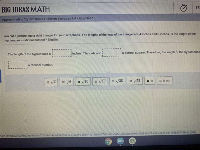 Is the length of the hypotenuse a rational number? Explain.-example-1