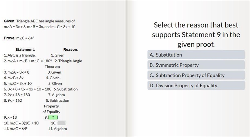 Select the reason that best supports Statement 9 in the given proof.-example-1