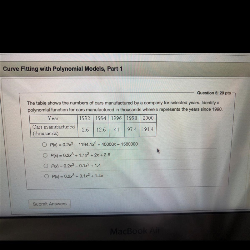 The table shows the numbers of cars manufactured by a company for selected years. Identify-example-1