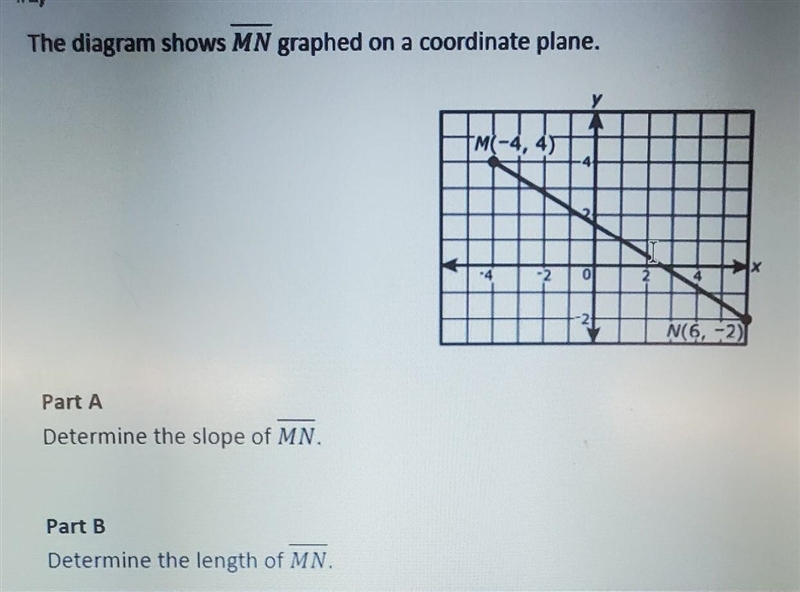 Part A - determine the slope of Line MN. Part B - determine the length of line MN-example-1