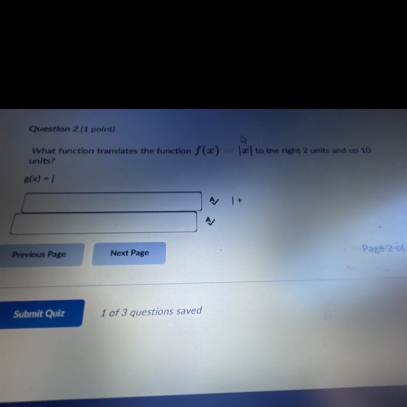 What function translates the function f(x) = to the right 2 units and up 10 units-example-1