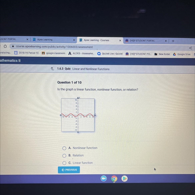 Question 1 of 10 Is the graph a linear function, nonlinear function, or relation? AY-example-1