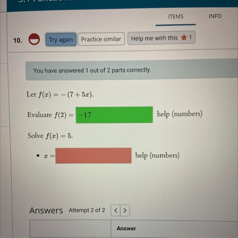 Solve for f(x) = 5 Second part I need help answering.-example-1