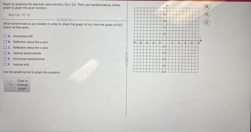 Begin by graphing the absolute value function, f(x)= |x|. Then use transformations-example-1