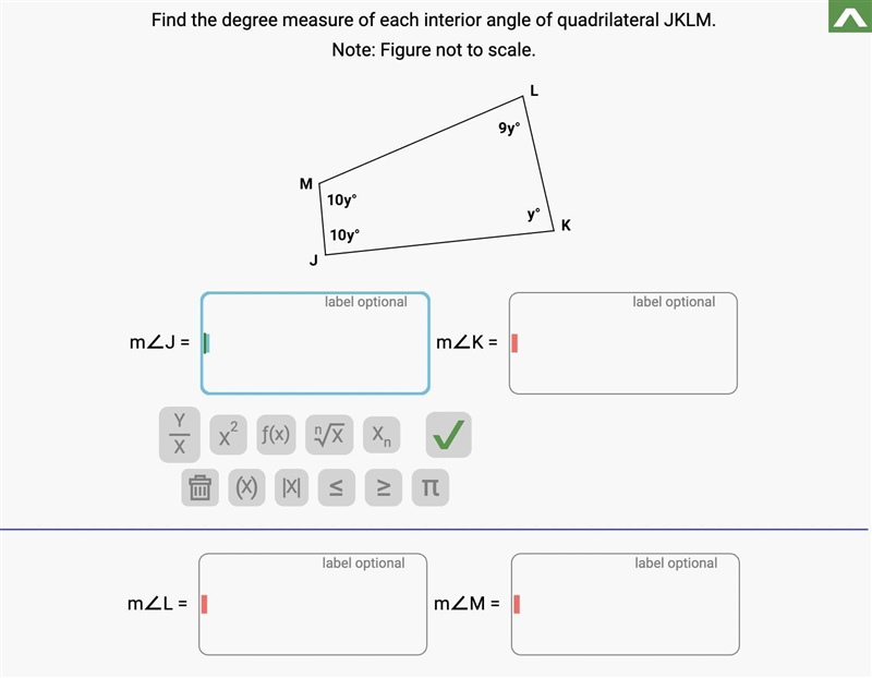 Find the Degree measure of each interior angle of the quadrilateral JKLM.-example-1