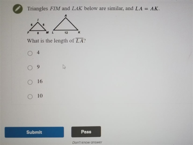 Triangles FIM and LAK below are similar, and LA=AKWhat is the length of LA?-example-1