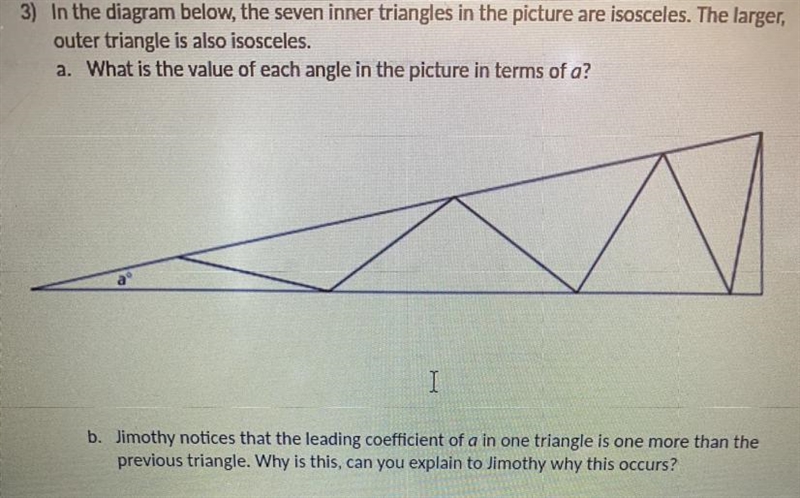 The seven inner triangles in the picture are isosceles. The larger, outer triangle-example-1