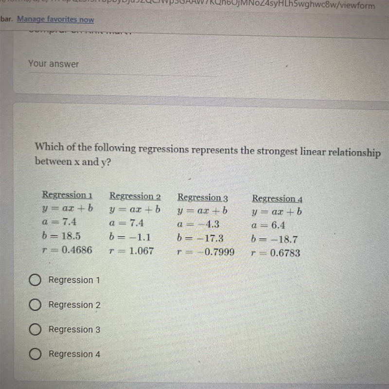 Which of the following regressions represents the strongest linear relationshipbetween-example-1