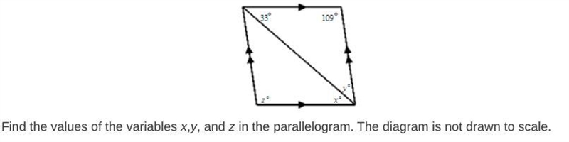 Find the values of the variables x,y, and z in the parallelogram. The diagram is not-example-1