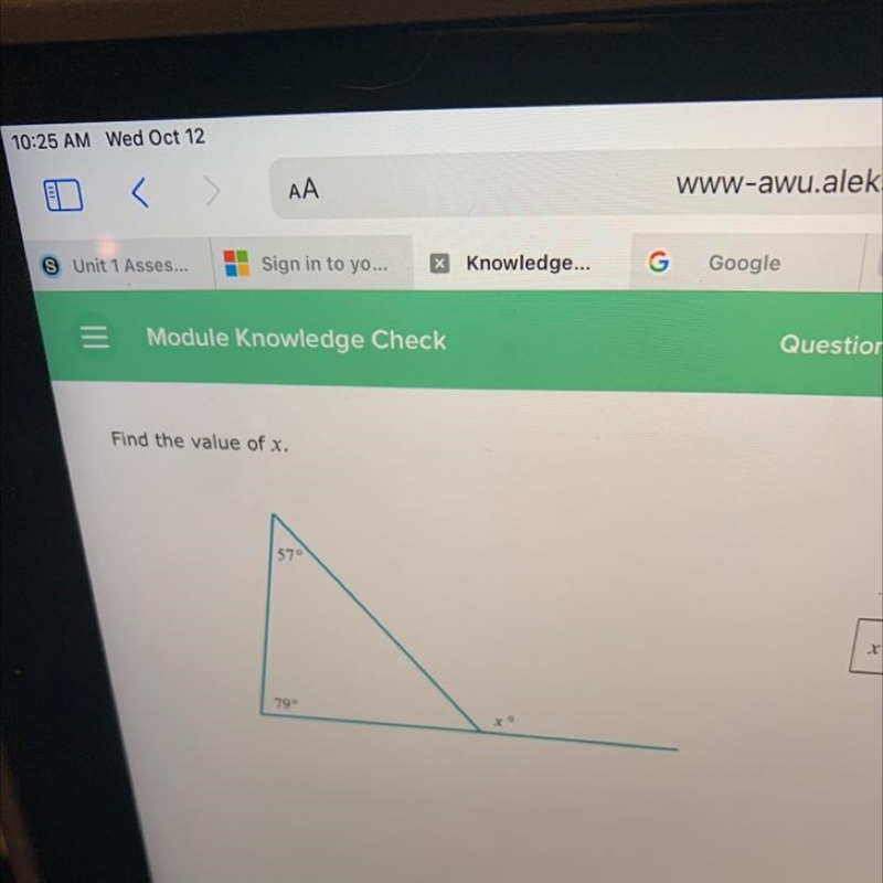 Find the value of x. 57° 79° X-example-1