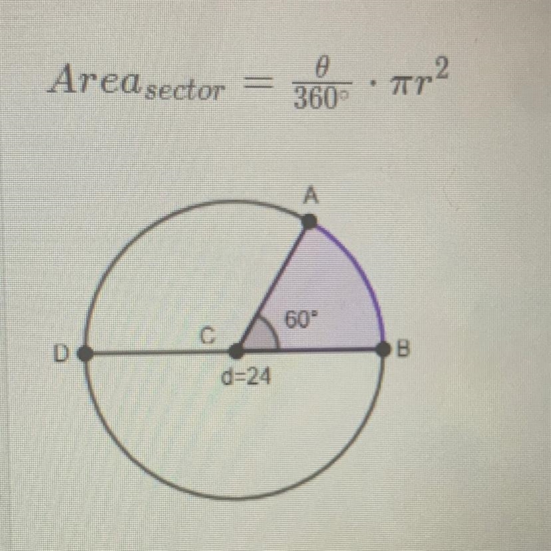 In OC, BD is a diameter with length of 24cm andACB = 60°. Calculate the area of the-example-1