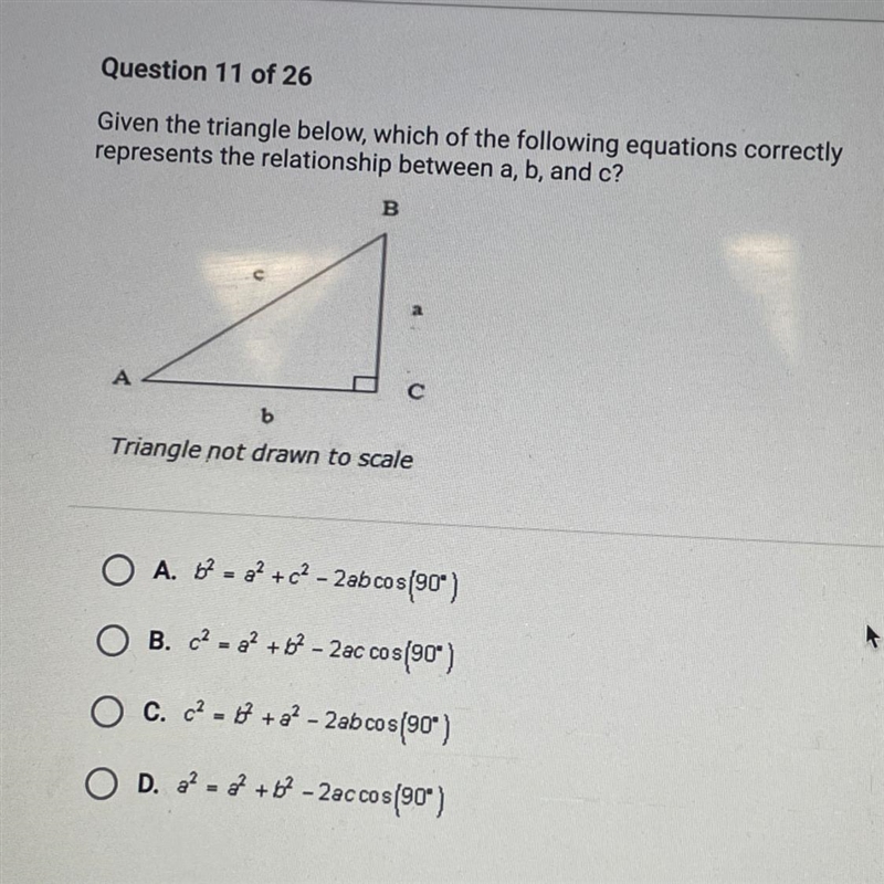 Given the triangle below, which of the following equations correctlyrepresents the-example-1