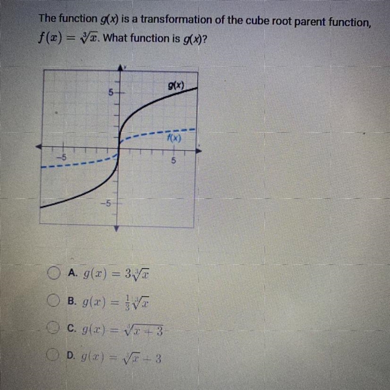 (Algebra 2) The function g(x) is a transformation of the cube root parent function-example-1