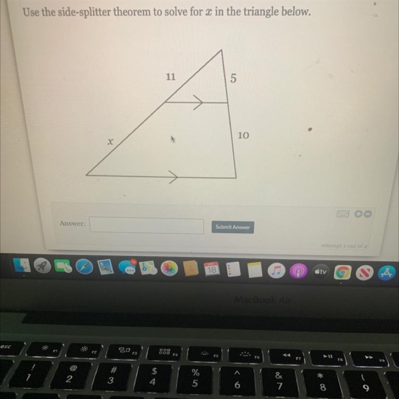 Use the side-splitter theorem to solve for x in the triangle below.11510-example-1