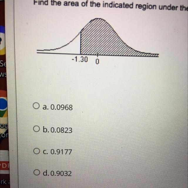 Find the area of the indicated region under the standard normal curve.-example-1