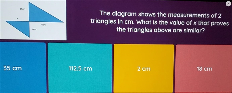 The diagram shows the measurements of 2 triangles in cm. What is the value of x that-example-1