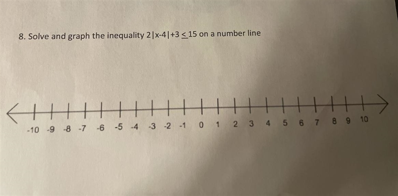 Solve and graph the equality 2|x-4|+3<15 on a number line-example-1