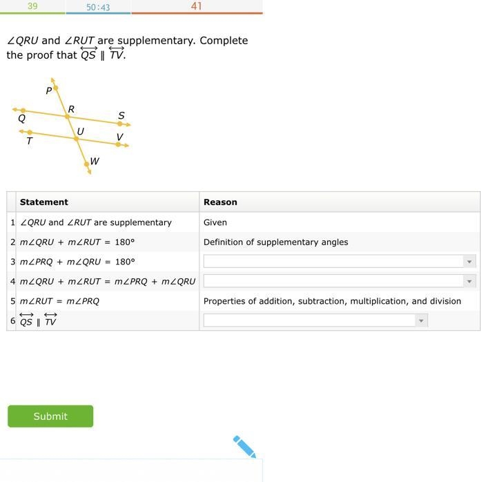 ∠QRU and ∠RUT are supplementary. Complete the proof that QS∥TV.-example-1