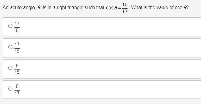 An acute angle, θ, is in a right triangle such that cosine of theta equals 15 over-example-1