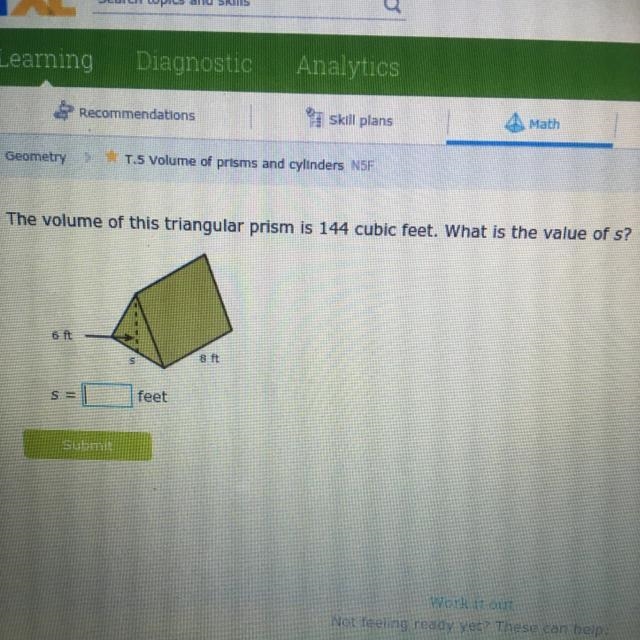 The volume of this triangular prism is 144 cubic feet. What is the value of s?-example-1