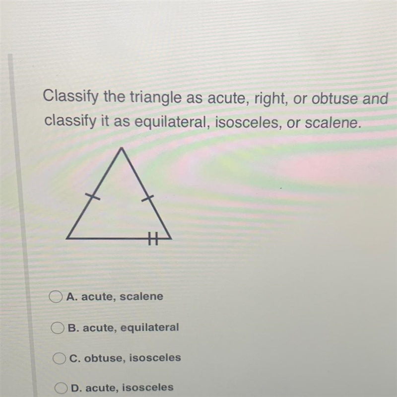 Classify the triangle as acute, right , or obscure and classify it as equilateral-example-1