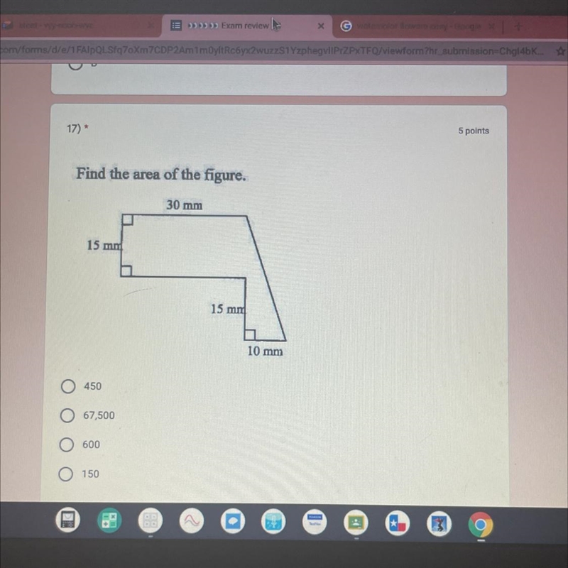 Find the area of the figure.30 mm15 mm15 mm10 mmO 450O 67,500600150-example-1