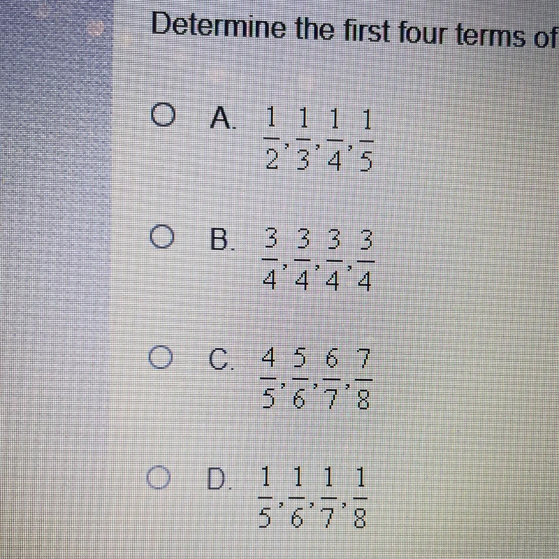 Determine the first four terms of the sequence in which the nth term is an=(n+3)!/(n-example-1