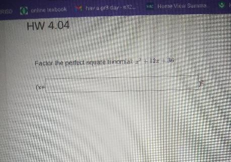 Factor the perfect square trinomial: x2 + 12x + 36 (x+-example-1