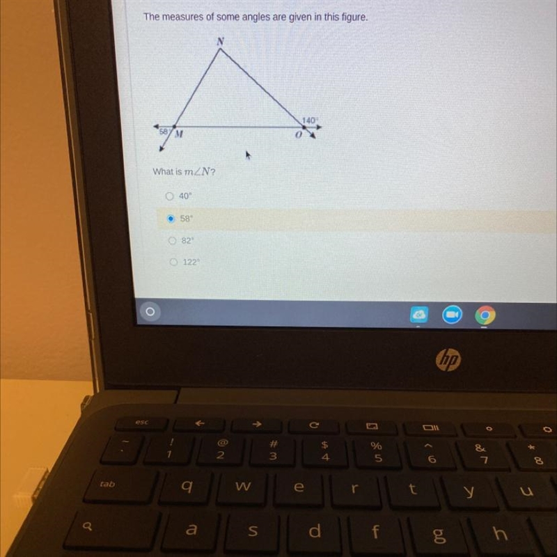 The measures of some angles are given in this figure.N58M1400What is mZN?40°58°82122-example-1